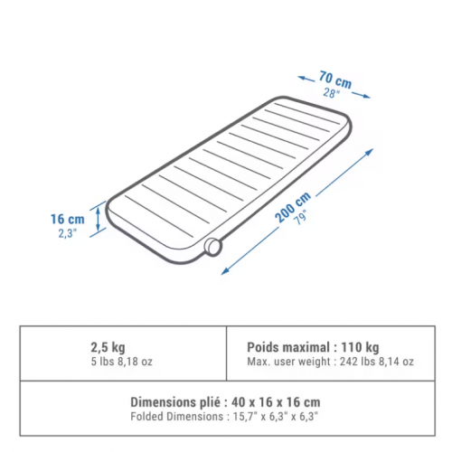 Dušek na naduvavanje za kampovanje Air Seconds Comfort 70 cm za 1 osobu