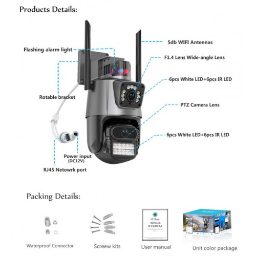 CAM-IP6MP-EP11-8X ZOOM GMB kamera 6 mpix microSD iCSee xmeye pro app Two-way voice PTZ ip66,2x3.6mm