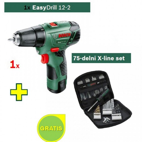 Akumulatorska bušilica-odvrtač Bosch EasyDrill 12-2 sa poklonom 1x75-delni X-line set