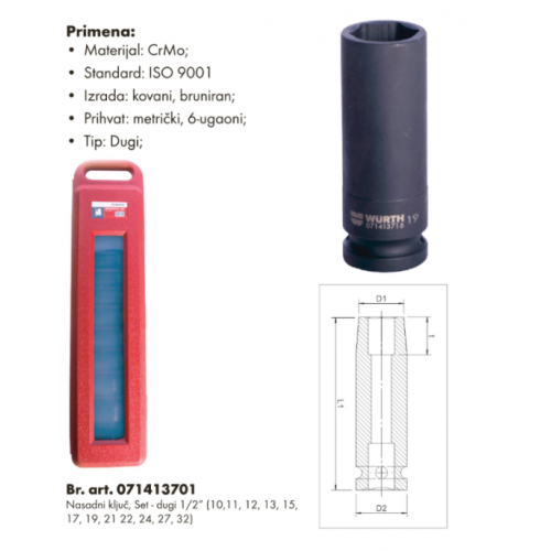 Set kovanih 6-ugaonih metričkih dugih nasadnih ključeva 1/2 Wurth
