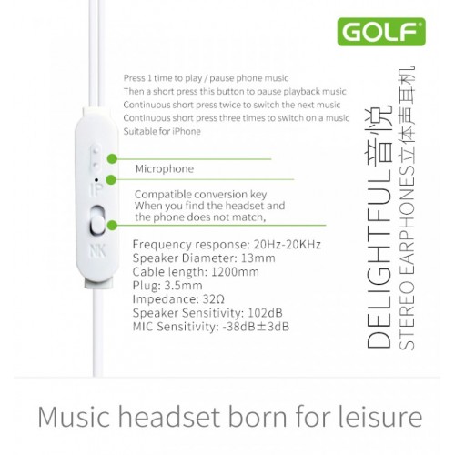 Slušalice za mobilni + mikrofon GOLF M1 bele