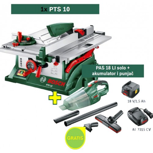Stona kružna testera Bosch PTS 10 + Aku usisivač PAS 18 LI solo+ akumulator i punjač 