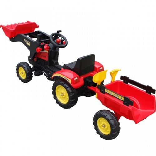 Traktor na pedale sa prikolicom i kašikom 05 crveni
