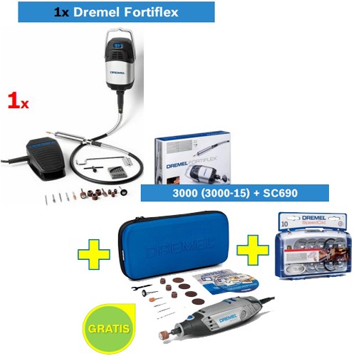 Višenamenski alat DREMEL Fortiflex + Višenamenski alat DREMEL 3000 sa 15 kom pribora + set pribora SC690