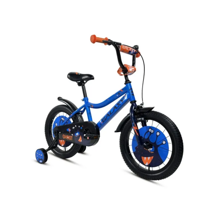  Brend:	GALAXY Materijal rama:	Čelik Obručevi točkova:	ALU 16" Ručice kočnica:	PVC Kočnice:	zadnja kontra, prednja V-brake Sedište:	GHOST BEZ OPRUGA Sp. gume:	16X2.125 CRNE Blatobrani:	plastični Lancobran:	plastični Dodatna oprema:	zvonce, pomoćni točkovi Boja:	plava/narandžasta