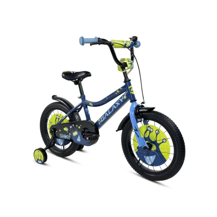 Brend:	GALAXY Materijal rama:	Čelik Obručevi točkova:	ALU 16" Ručice kočnica:	PVC Kočnice:	zadnja kontra, prednja V-brake Sedište:	GHOST BEZ OPRUGA Sp. gume:	16X2.125 CRNE Blatobrani:	plastični Lancobran:	plastični Dodatna oprema:	zvonce, pomoćni točkovi Boja:	plava/zelena