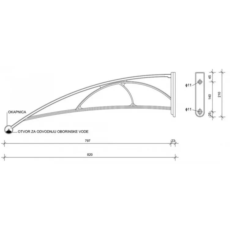Nadstrešnica za vrata 82x120cm bela baza ploča bronza 6mm