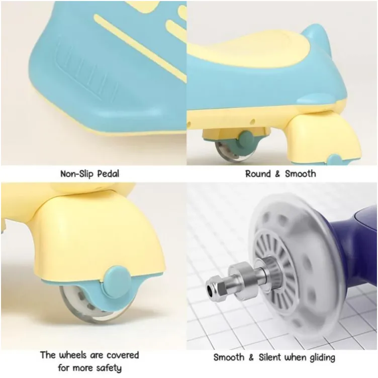 Aero Romobil za decu Romobil ima ugradjeno dugme ispod volana koje, ako je jednom kliknuto pusta muziku, ali ako se dugme drzi upalicete bluetooth opciju kojom sa telefona pustate odredjenu muziku. Volan ima led rasvetu, svetleci tockovi. Bluetooth se zove QITONG. Visina od tocka do volana je 43 cm, a od tocka do sedista do 28 cm. Duzina je 78 cm Sirina je 28 cm Telo romobila je elegantno i ne steti kozu, pedale se ne klizu, tockovi su zasticeni za vise sigurnosti, takodje su glatki i tokom voznje necujni. 