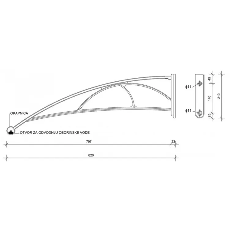Nadstrešnica za vrata 82x150cm bela baza ploča providna 6mm