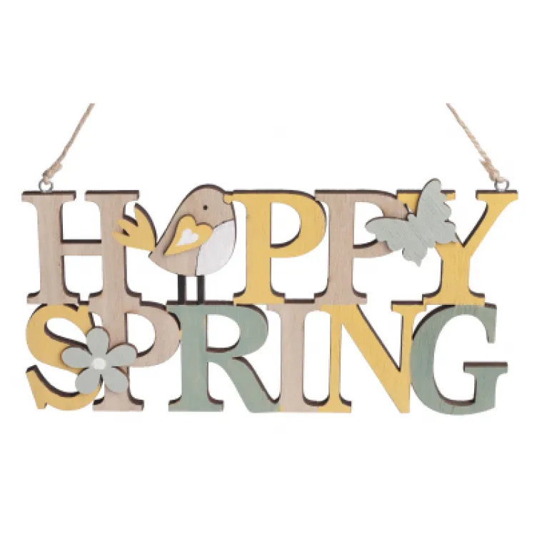 Drveni natpis Happy Spring ptičica 22x11