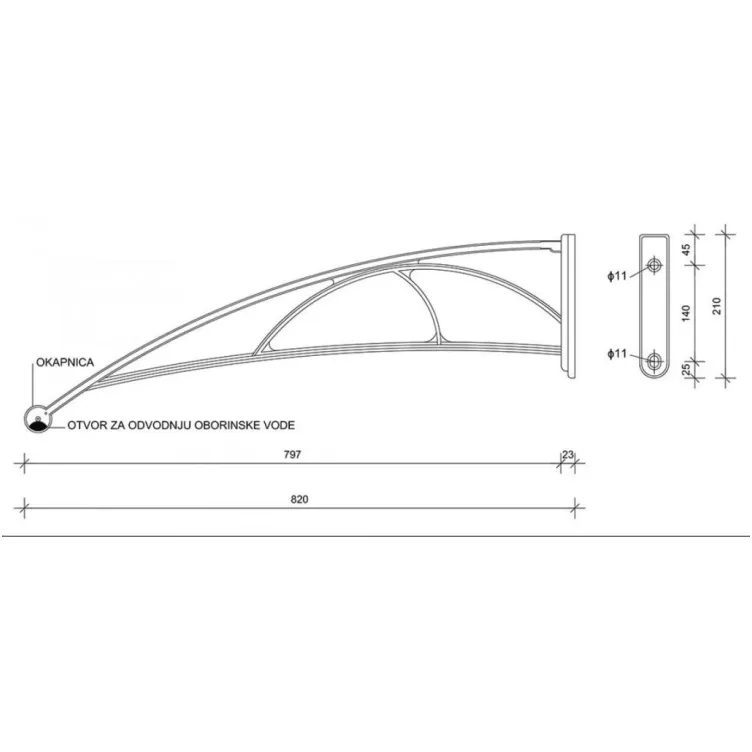 Nadstrešnica Za Vrata 82x120cm Bela Baza Ploča Providna 6mm 996