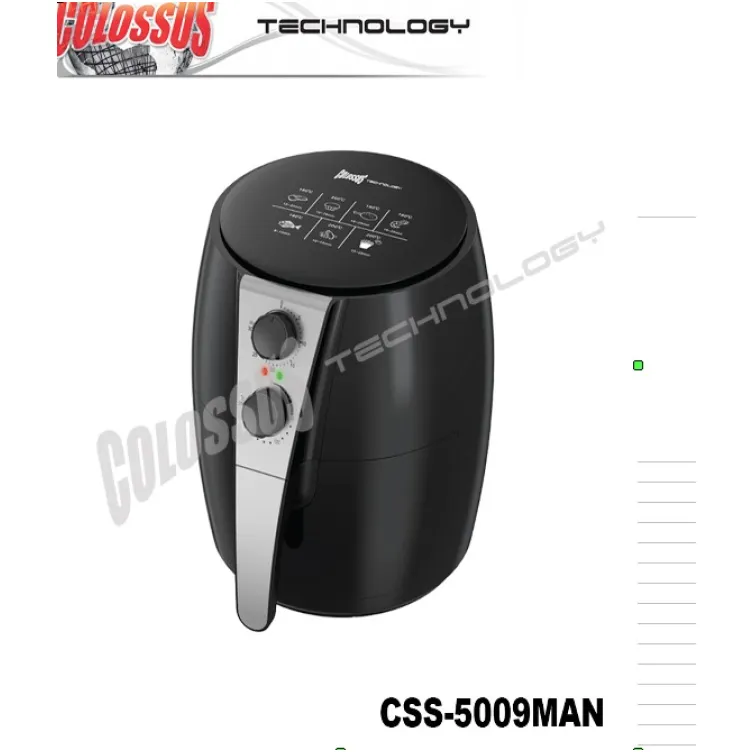FRITEZA NA VRUĆ VAZDUH CSS-5009MAN  4,8L COLOSSUS (BEZ ULJA PRŽENJE I TOSTIRANJE(GRILOVANJE) HRANE, 1500W, topao vazduh greje cirkularno hranu,sigurnosni mehanizam u toku rada (zaustavlja rad kada se izvuče posuda), teflonska rešetka-lakse ciscenje,max.jacina 1500W,zapremina 4,8l, tajmer 30 min,potenciometar za temperaturu pecenja 80-200 stepeni,indikator lampica,zaštita protiv pregrevanja,ručka hladna na dodir, neklizajuće nožice...)
