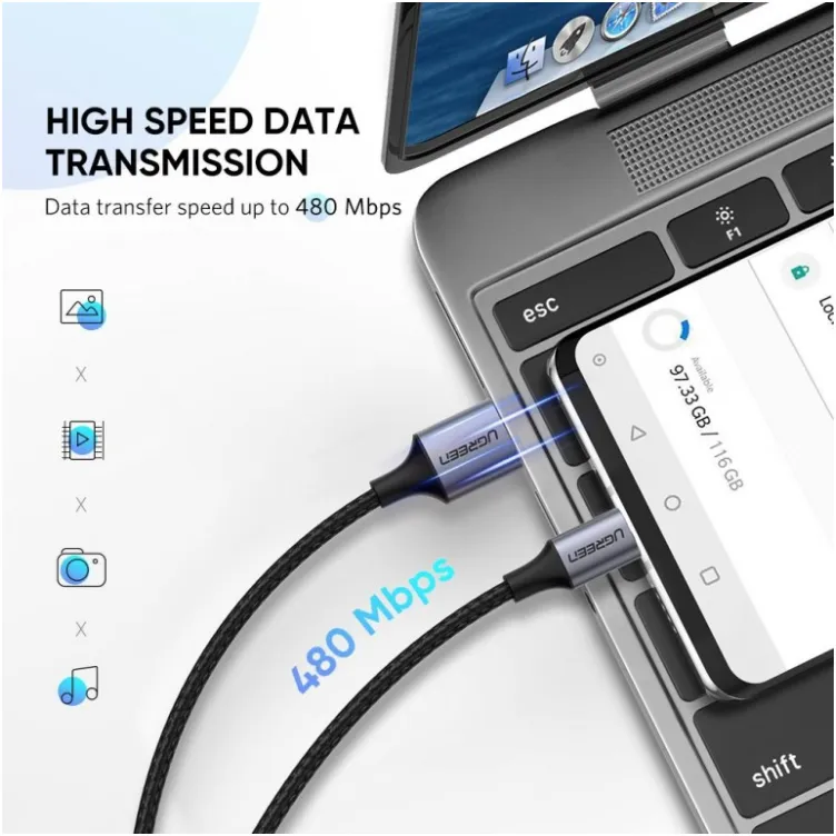 USB tip C M na USB 2.0 M kabl alu.3m gray 60408 Ugreen  USB tip C M na USB 2.0 M kabl alu.3m gray 60408 Ugreen