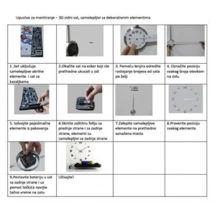 Zidni Sat samolepljivi 3D Crni T4309B 