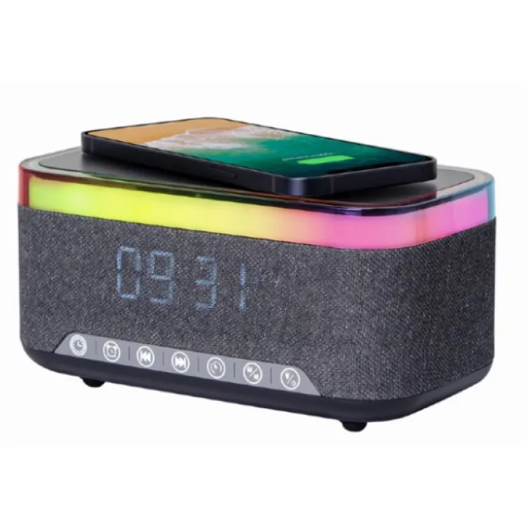 DAC-SPKBT-QC15-BK Gembird Digitalni sat+alarm sa bezicnim punjenjem telefona 15W i zvucnikom, FM, BT