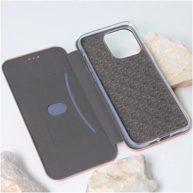 Maska na preklop Teracell Flip Premium za iPhone 14 Pro Max zlatna.