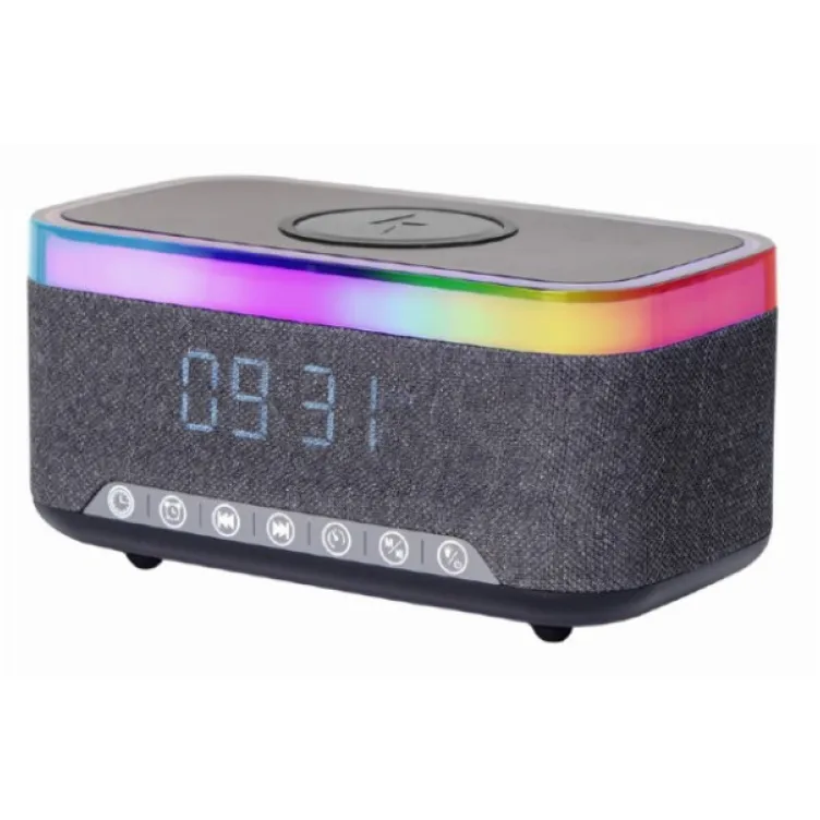 DAC-SPKBT-QC15-BK Gembird Digitalni sat+alarm sa bezicnim punjenjem telefona 15W i zvucnikom, FM, BT