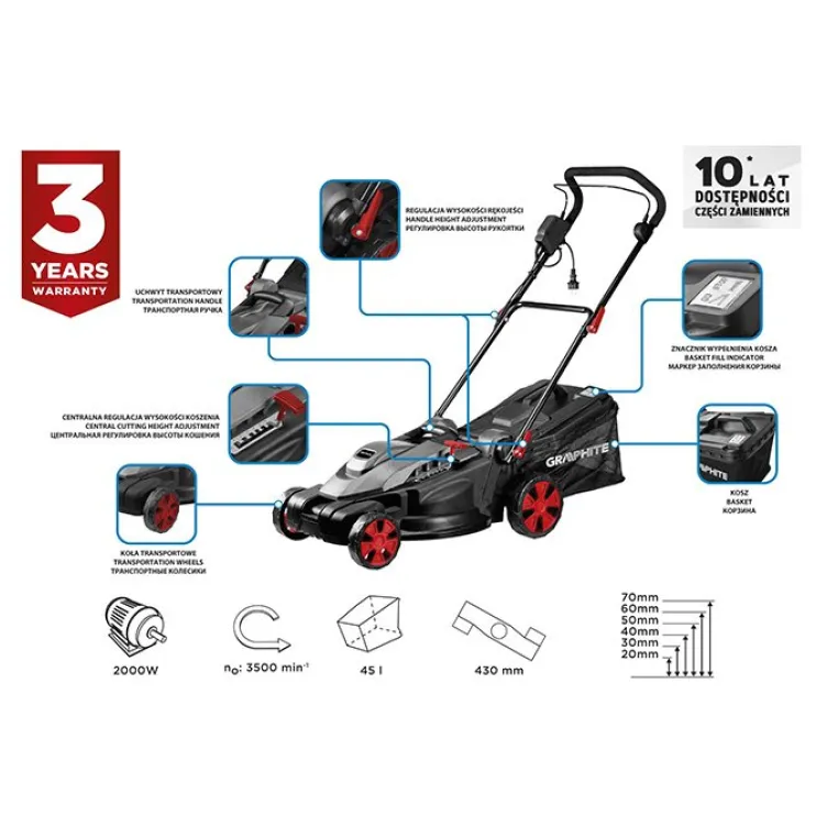 Električna kosačica za travu, 2000W – GRAPHITE 59G475
