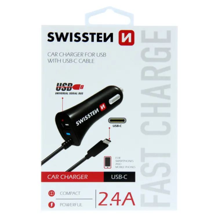 Auto punjac 1xUSB + TIP C kabl 2.4A SWISSTEN