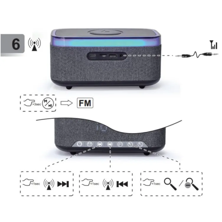 DAC-SPKBT-QC15-BK Gembird Digitalni sat+alarm sa bezicnim punjenjem telefona 15W i zvucnikom, FM, BT