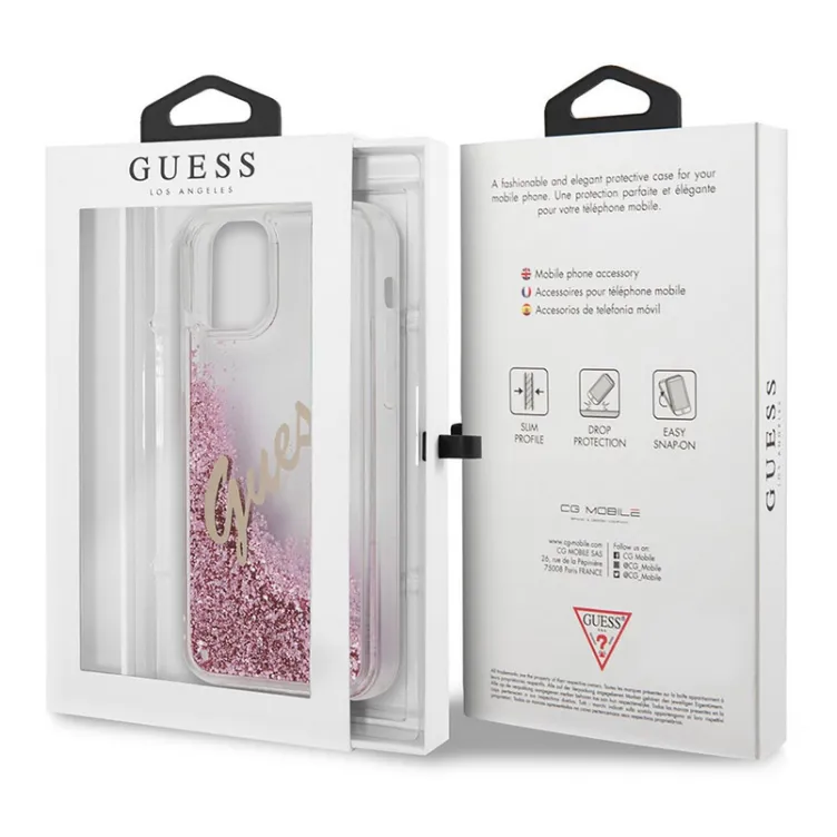 Maska Guess Faceplate Liquid Glitter Vintage Script za iPhone 12 mini pink