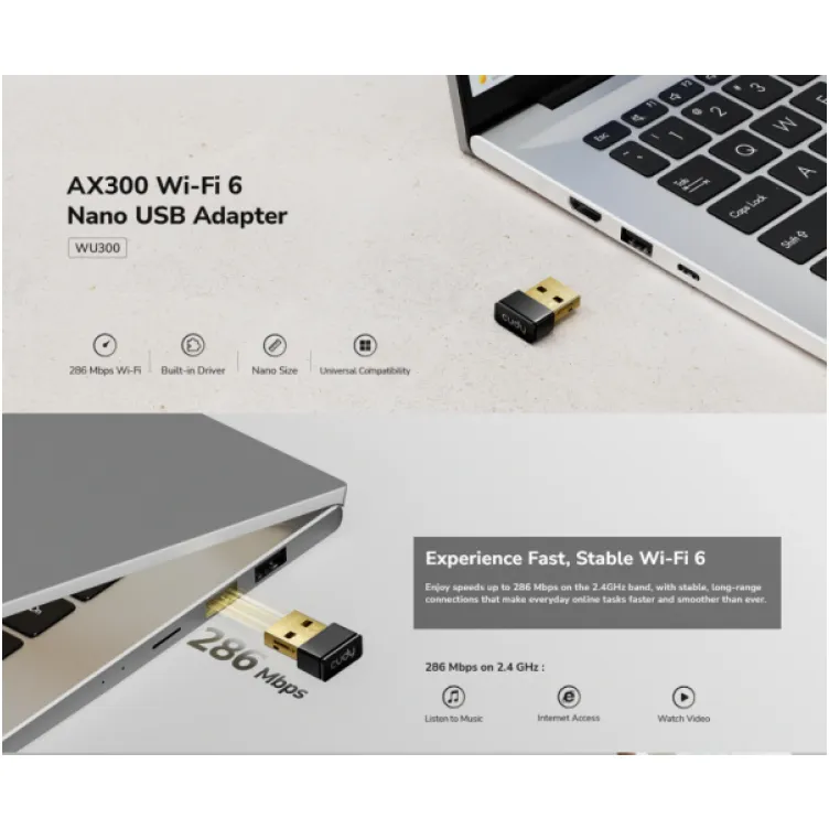 Cudy WU300, AX300 Wi-Fi 6 Nano USB adapter, 2.4 GHz, 286 Mbps