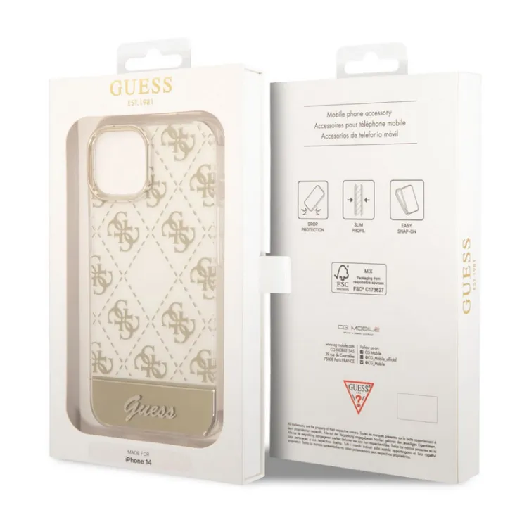Maska Guess PC/ TPU Peony Glitter Script Logo za iPhone 14 zlatna.