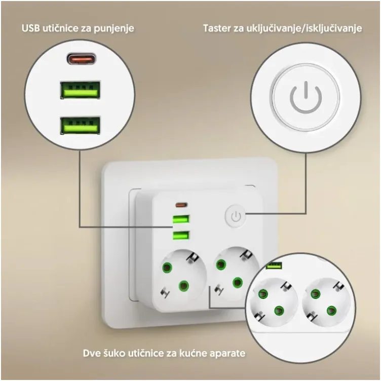 Strujni razdelnik 2 utič. + prekidač, 2xUSB+tip C