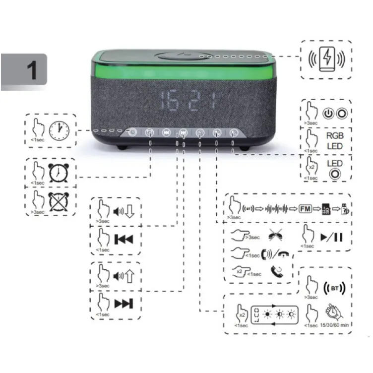 DAC-SPKBT-QC15-BK Gembird Digitalni sat+alarm sa bezicnim punjenjem telefona 15W i zvucnikom, FM, BT