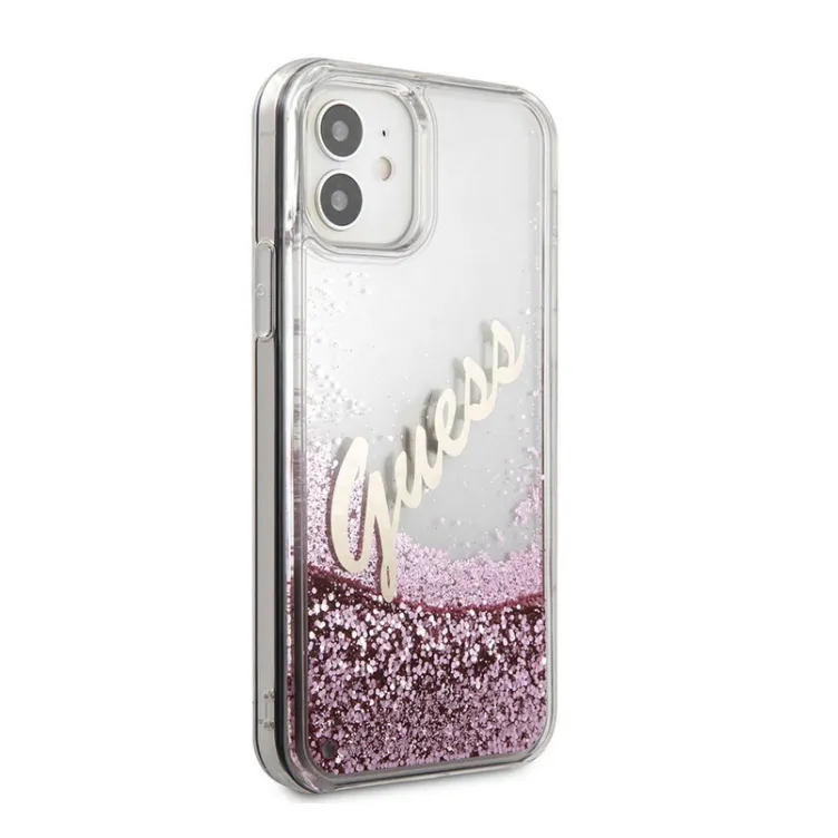 Maska Guess Faceplate Liquid Glitter Vintage Script za iPhone 12 mini pink