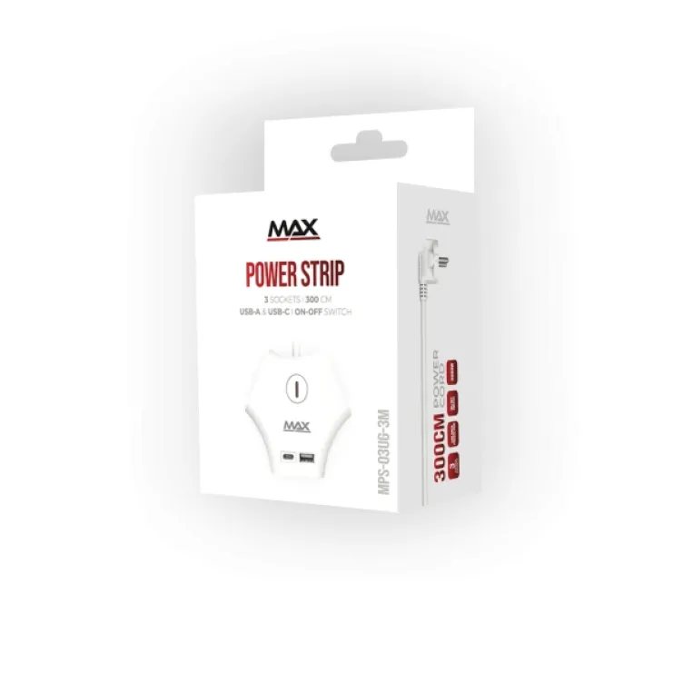 Produžni kabl sa prenaponskom zaštitom sa 3 utičnice MAX MPS-03UG-3M/3m/USB portovi(USB A + USB C )