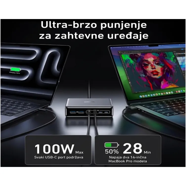 Prime 200W GaN stoni brzi punjač, 6-portova (4x USB-C i 2x USB-A) srebrni