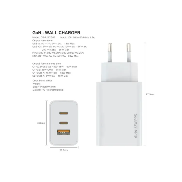 Zidni punjac FULMOVA GAN PD/65W/bela sa USB-C kablom