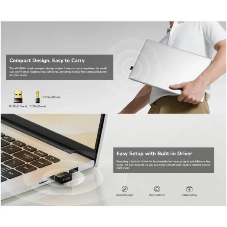Cudy WU300, AX300 Wi-Fi 6 Nano USB adapter, 2.4 GHz, 286 Mbps