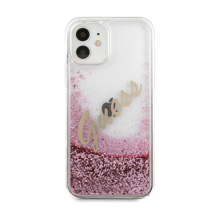 Maska Guess Faceplate Liquid Glitter Vintage Script za iPhone 12 mini pink