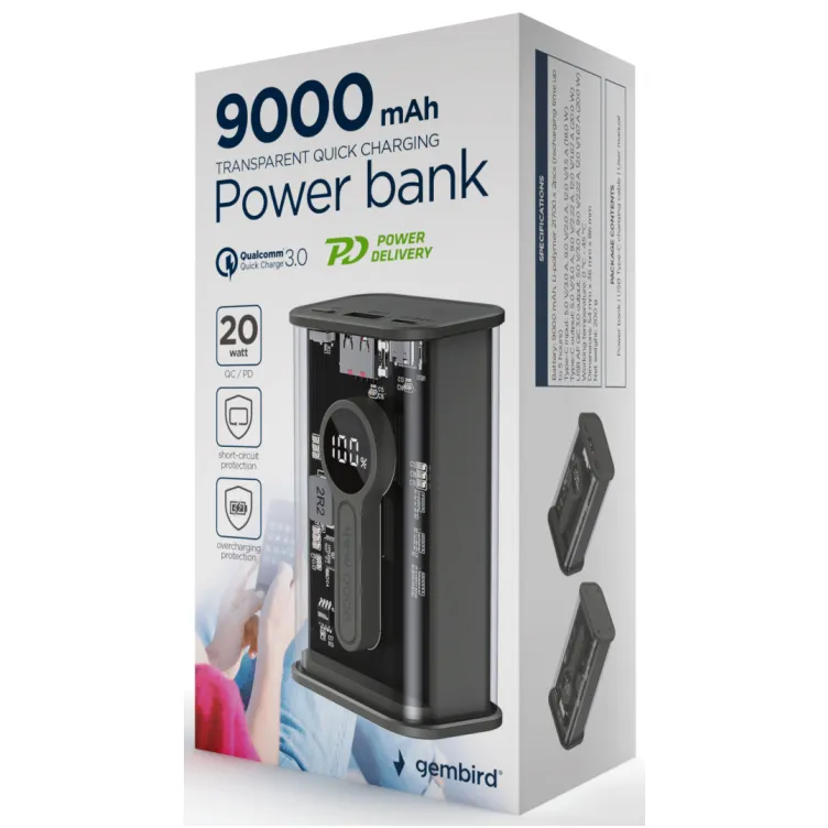 PB09-TQC3-01 Gembird power bank 9000 mAh, crni