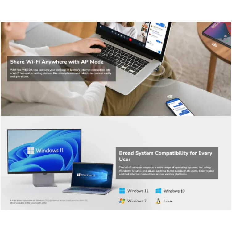 Cudy WU300, AX300 Wi-Fi 6 Nano USB adapter, 2.4 GHz, 286 Mbps