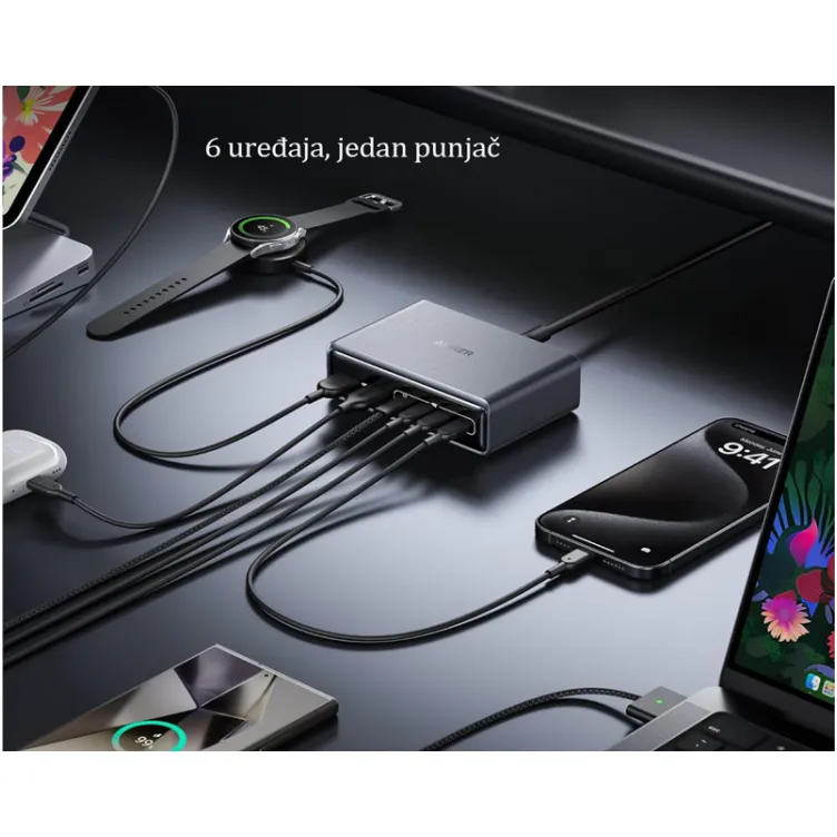 Prime 200W GaN stoni brzi punjač, 6-portova (4x USB-C i 2x USB-A) srebrni