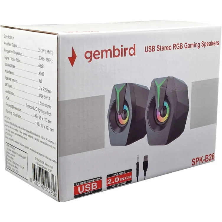 SPK-B26 * Gembird Stereo zvucnici black LED, 2.0 inch, 6W RMS (2x3W) USB pwr, volume control, 3,5mm