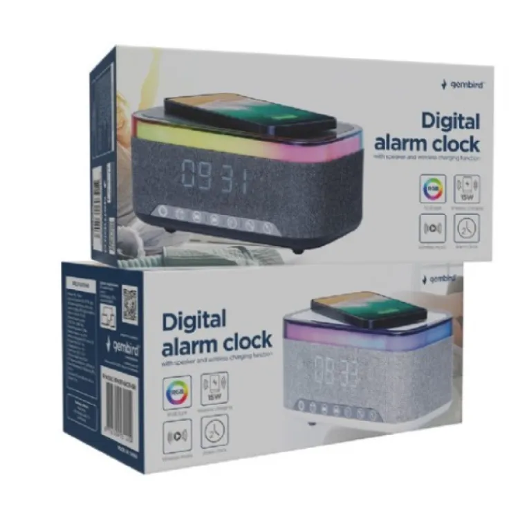 DAC-SPKBT-QC15-BK Gembird Digitalni sat+alarm sa bezicnim punjenjem telefona 15W i zvucnikom, FM, BT