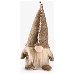 Novogodišnji vilenjak u toplim braon tonovima, sa visokom špicastom kapom i gustom belom bradom. Ova dekorativna figura donosi klasičan praznični šarm i dodaje prijatnu, ušuškanu atmosferu vašem domu.