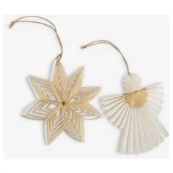 Elegantni papirni ukrasi u obliku zvezde i anđela, sa naboranim detaljima koji stvaraju prelep vizuelni efekat.