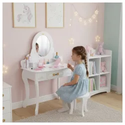 Veliki drveni toaletni sto za decu sa ogledalom i roze dodacima, ECOTOYS