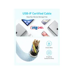 Zolo USB tip-C kabl M/M 1.8m, za Apple, super brzo punjenje 240W/480Mbps, pleteni, crni