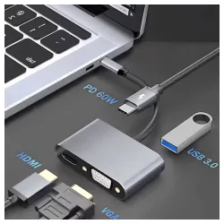 4u1 USB HUB, HDMI+USB-A+VGA i USB-C(PD)